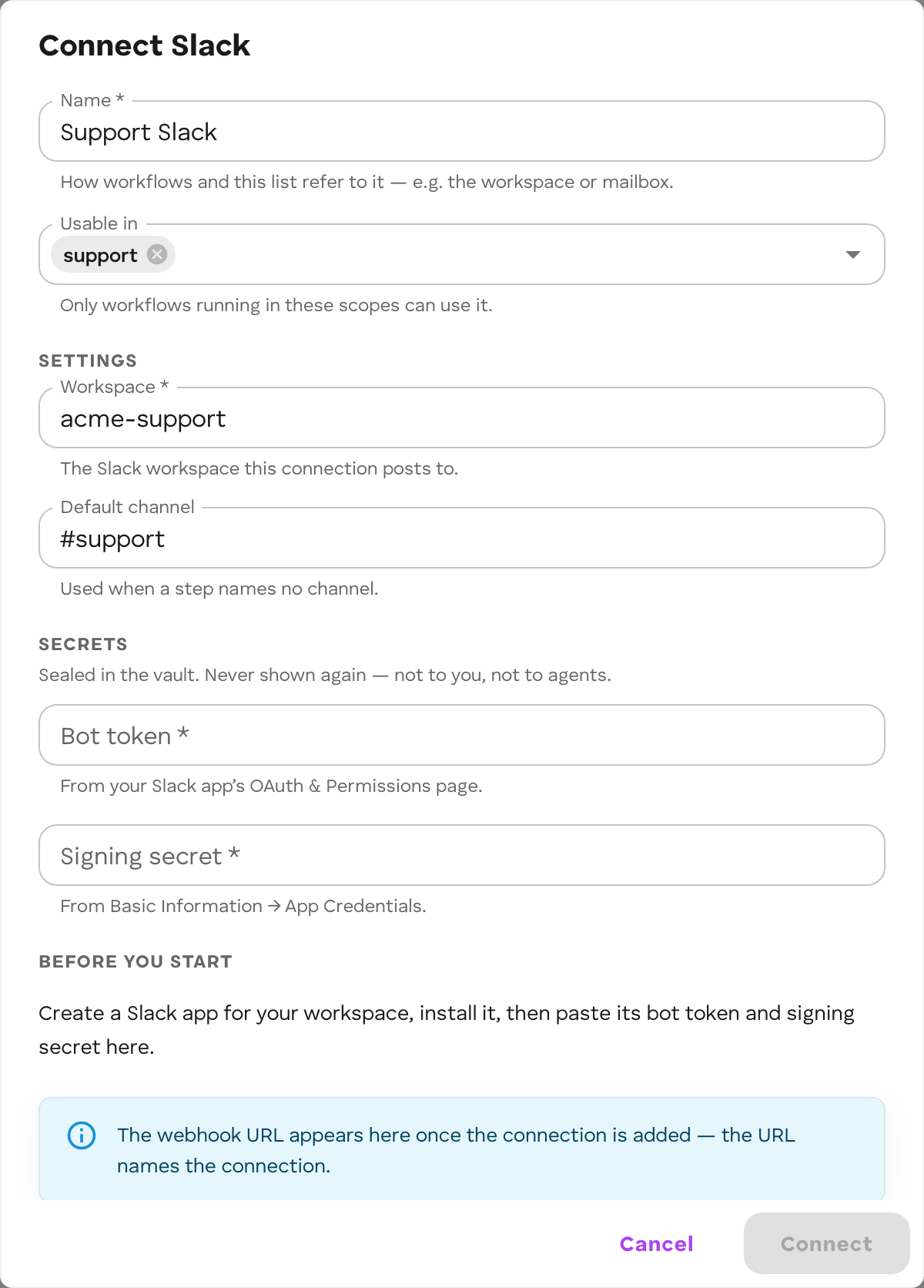 The Add a connection dialog for Slack