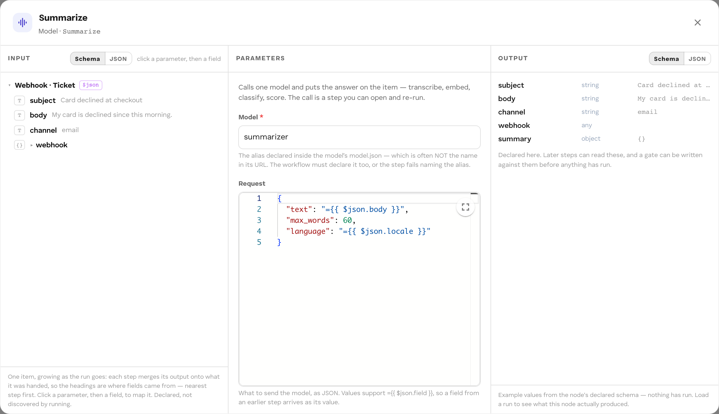 A Model step: model, request, and answer settings