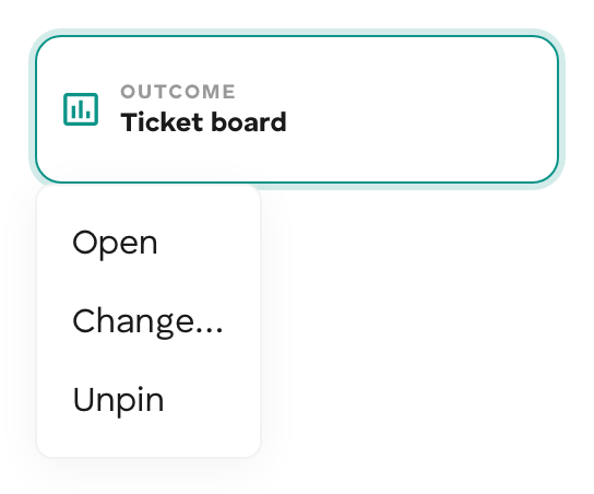 The Outcome card with a pinned widget and its menu open