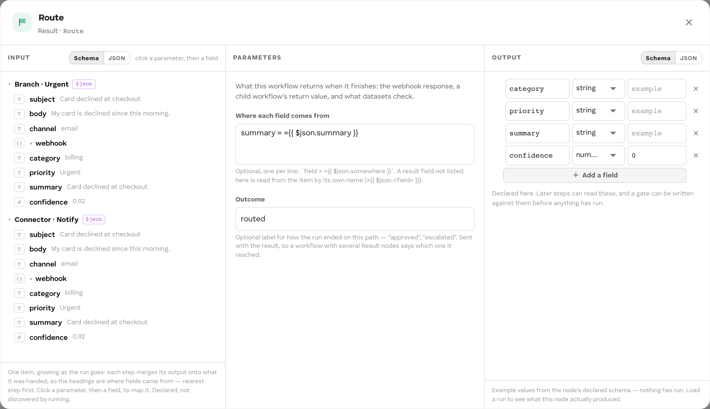 Result step editor with typed fields, sources and outcome