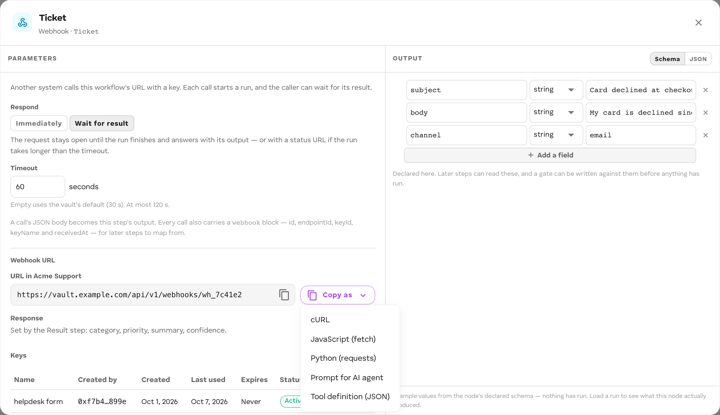 The Webhook URL panel with one key and the Copy as menu